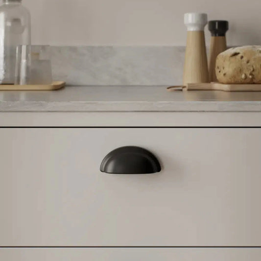 Matte Black "Baron" Cup Pull and Knobs - Euro • Knobs