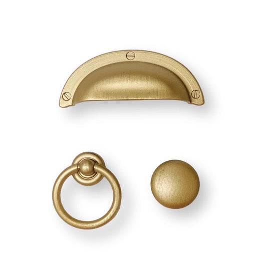 Capri Brushed Gold Cup Drawer Pull, Ring Pull or Round Cabinet Knob - Euro • Knobs