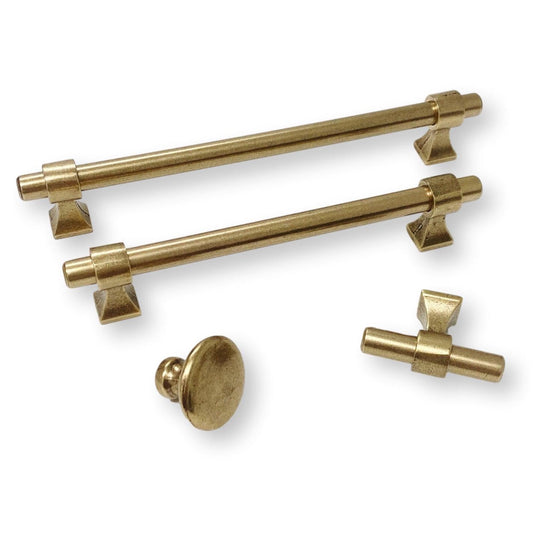 T-Bar Aged Brass "Park" Drawer Pulls and Knobs - Forge Hardware Studio