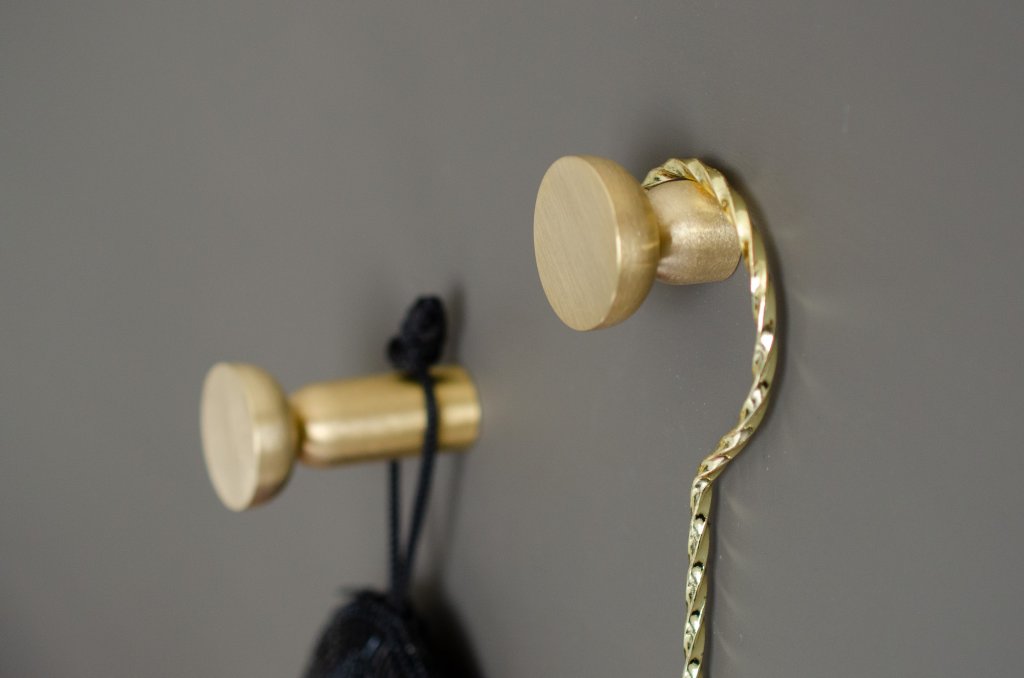 Unlacquered Brushed Brass "Raised Bowl" Round Cabinet Knob and Hook - Euro • Knobs