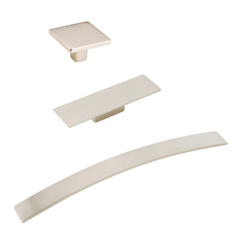 Satin Nickel Drawer Pulls "Armand" Square Knobs and Curved Handles - Euro • Knobs