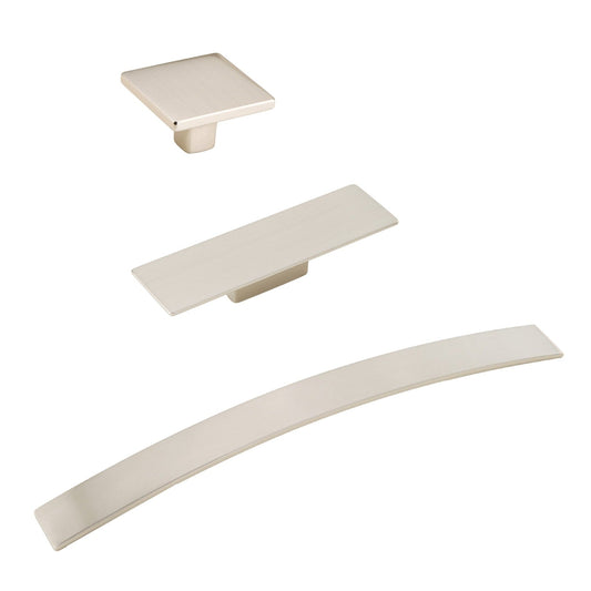 Satin Nickel Drawer Pulls "Armand" Square Knobs and Curved Handles - Euro • Knobs