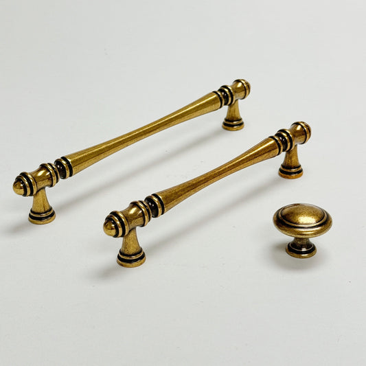 Cabinet Hardware "Palermo" Drawer Pulls and Knobs in Antique Brass - Forge Hardware Studio