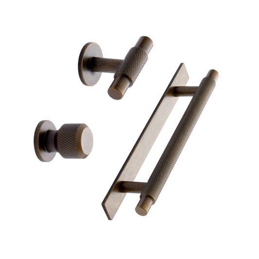 Knurled Backplate Antique Bronze "Manor" Knobs and Drawer Pulls - Forge Hardware Studio