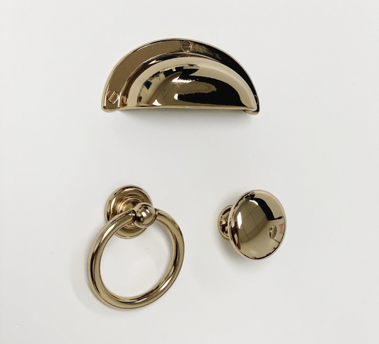 Polished Light Gold "Capri" Cup Drawer Pull, Ring Pull or Round Cabinet Knob. Finger Brass Pull - Forge Hardware Studio