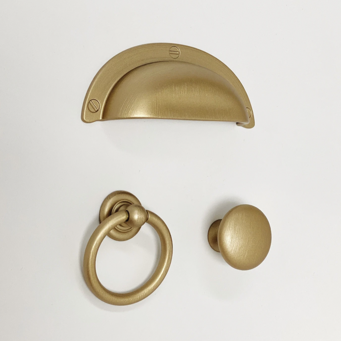 Capri Brushed Gold Cup Drawer Pull, Ring Pull or Round Cabinet Knob - Euro • Knobs