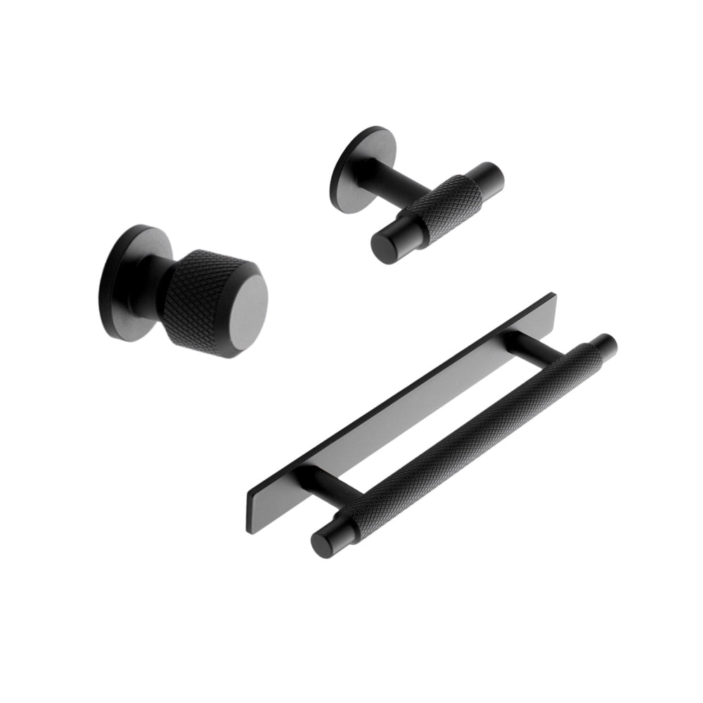 Knurled Backplate "Manor" Matte Black Cabinet Knobs and Drawer Pulls - Euro • Knobs