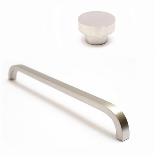 Brushed Nickel "Curve" Cabinet Drawer Pulls and Cabinet Knob - Euro • Knobs