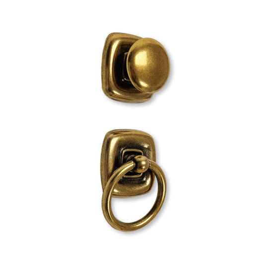 Ring Pull and Knob "Luca" Cabinet Pulls with Backplate in Antique Brass - Euro • Knobs