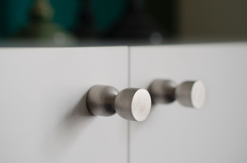 Brushed Nickel "Double Cup" Cabinet Knob and Wall Hook - Euro • Knobs