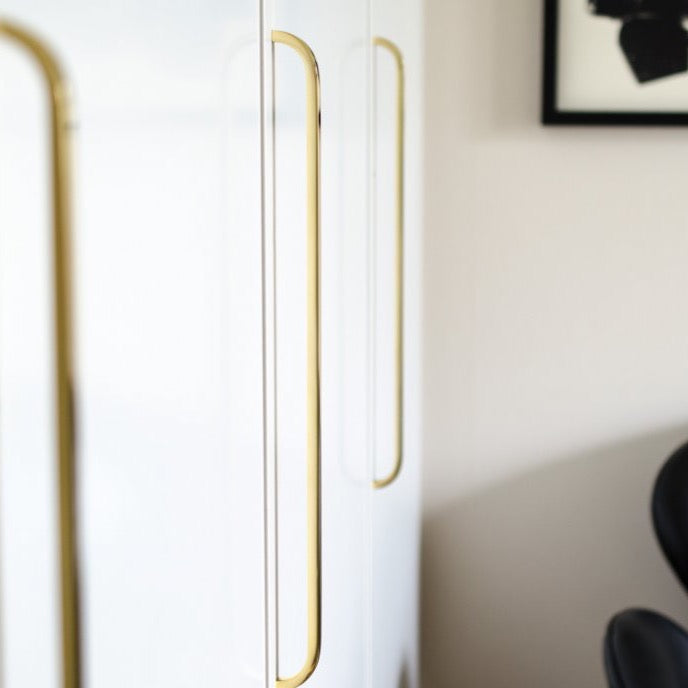 Long "Curve" Brushed Brass Unlacquered Cabinet Drawer Pulls and Closet Handles - Euro • Knobs